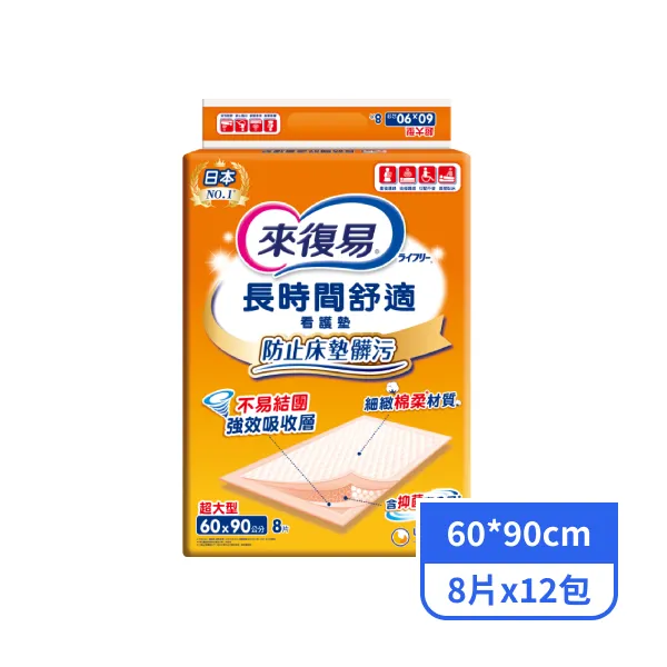 【來復易】長時間舒適看護墊-超大型60*90cm 8片x12包