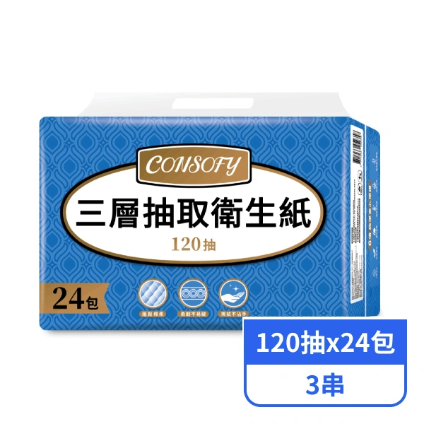 <618必搶>【CONSOFY】3層抽取衛生紙 (120抽x24包x3串)