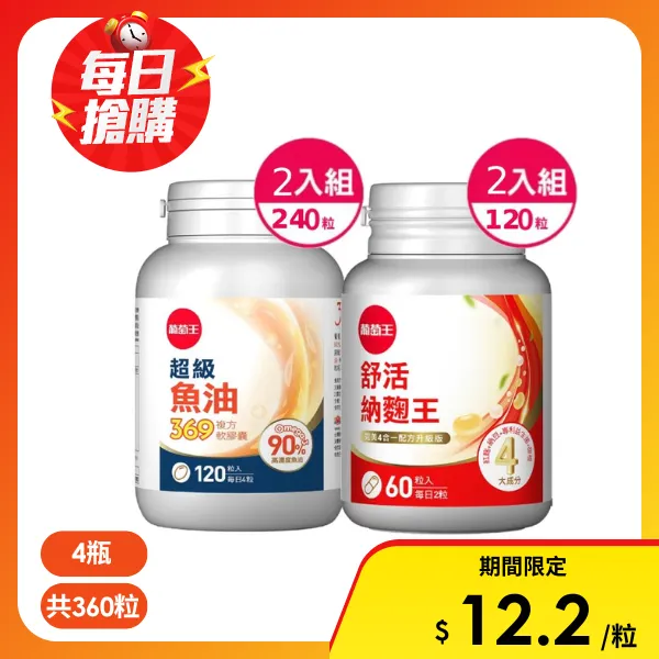 【葡萄王】超級魚油369複方軟膠囊120粒x2瓶+舒活納麴王升級版 60粒x2瓶(4瓶 共360粒)