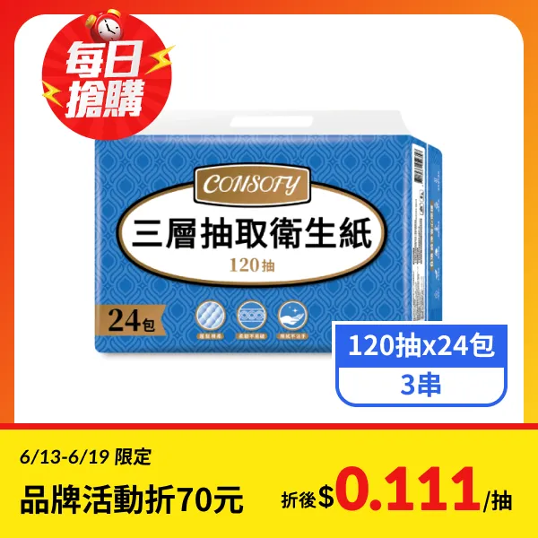 <618必搶>【CONSOFY】3層抽取衛生紙 (120抽x24包x3串)